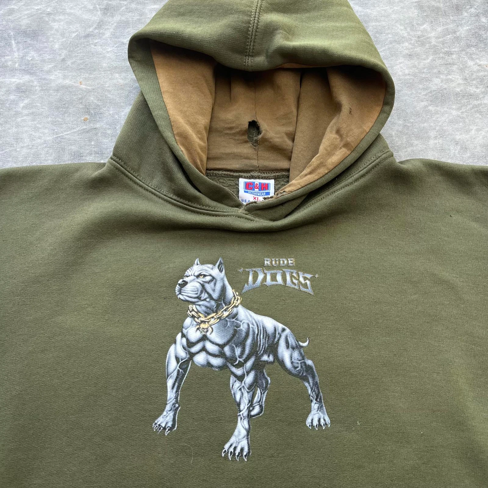 RHUDE Felpa con cappuccio vintage Y2K verde oliva cani maleducati pitbull grunge