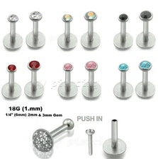  18G 1/4" Push-In CZ Labret Tragus with Glitter Soft Enamel Back for Comfort
