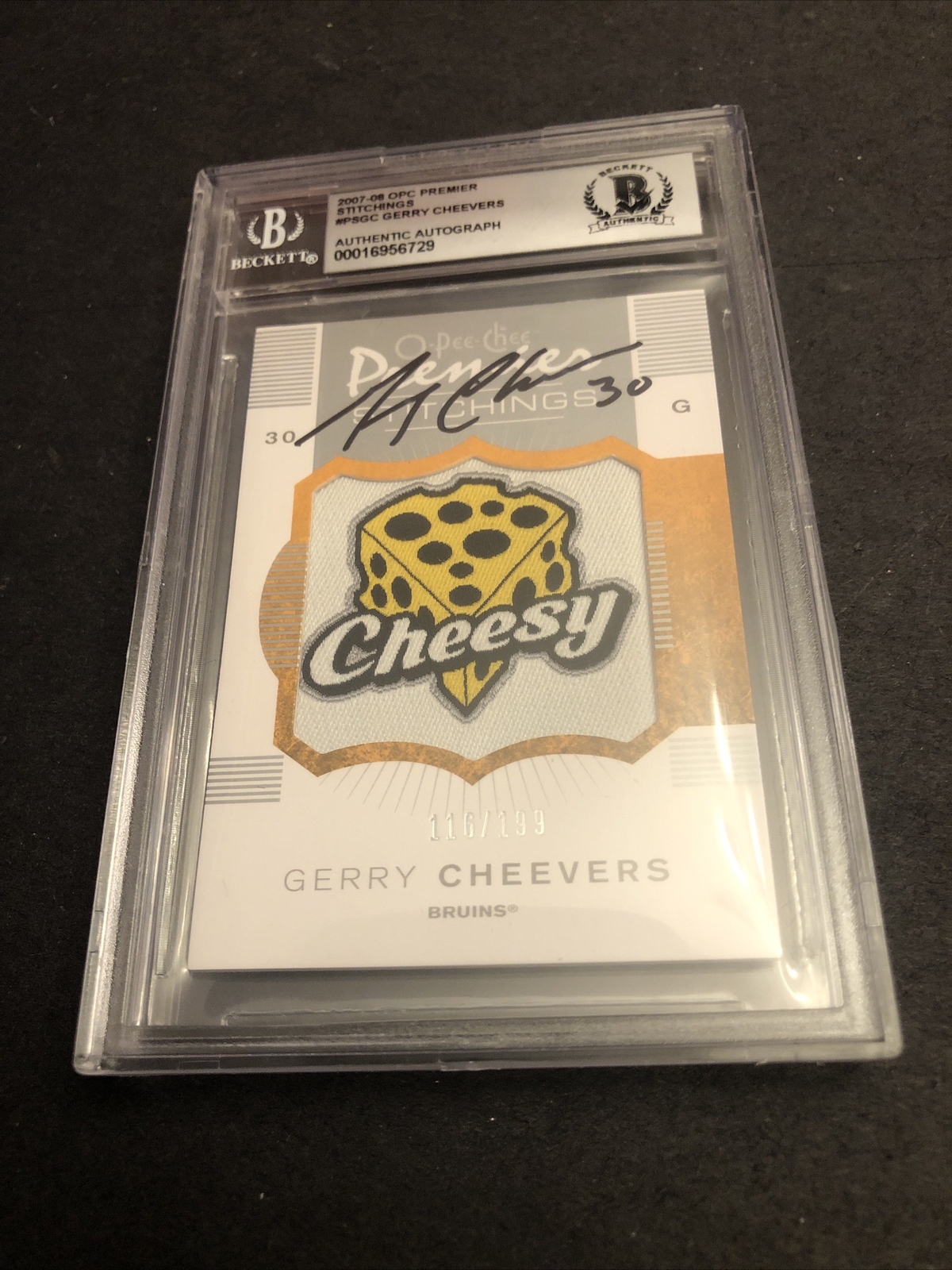 Gerry Cheevers Autographed Signed Boston Bruins Beckett 10 Gem Mint 2007-08 Stitchings OPC 729 