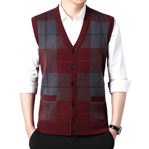 Men's Sleeveless V Neck Plaid Cardigan Sweater Vest with Knitted Waistcoat Tops - Picture 17 of 29