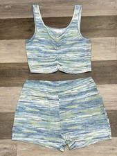 NWT Colsie 2 PC Loungewear Set Crop Top  Shorts Size XL Green Blue Comfy Soft