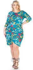 24Seven Comfort Floral Plus Size elbow sleeve Ruched knee length dress D188