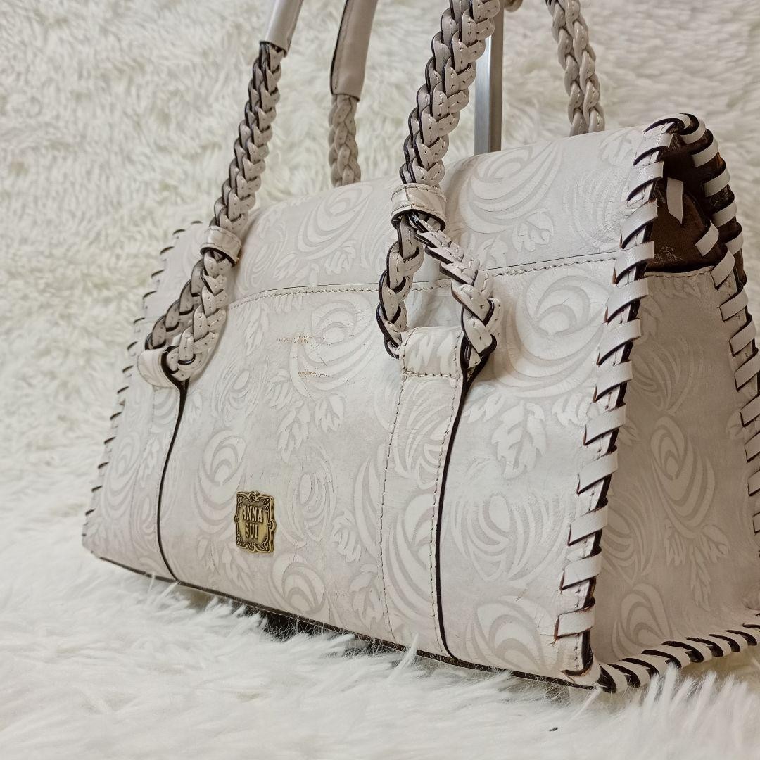 Anna Sui Handbag Leather White Floral Woven Shoulder Bag Magnet Closure Genuine