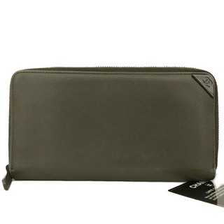 EGA CHANEL CC Logo Grained Calf Skin Zip Around Long Wallet Khaki/6CJ1159