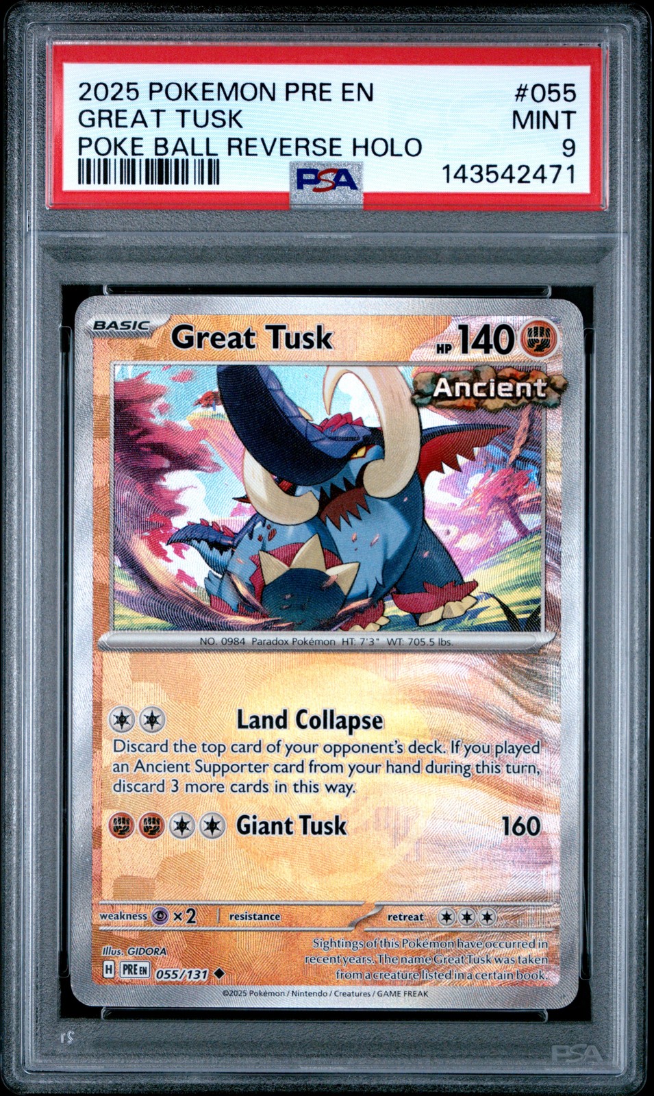 2025 POKEMON PRE EN-PRISMATIC EVOLUTIONS POKE BALL REVERSE HOLO GREAT TUSK PSA 9