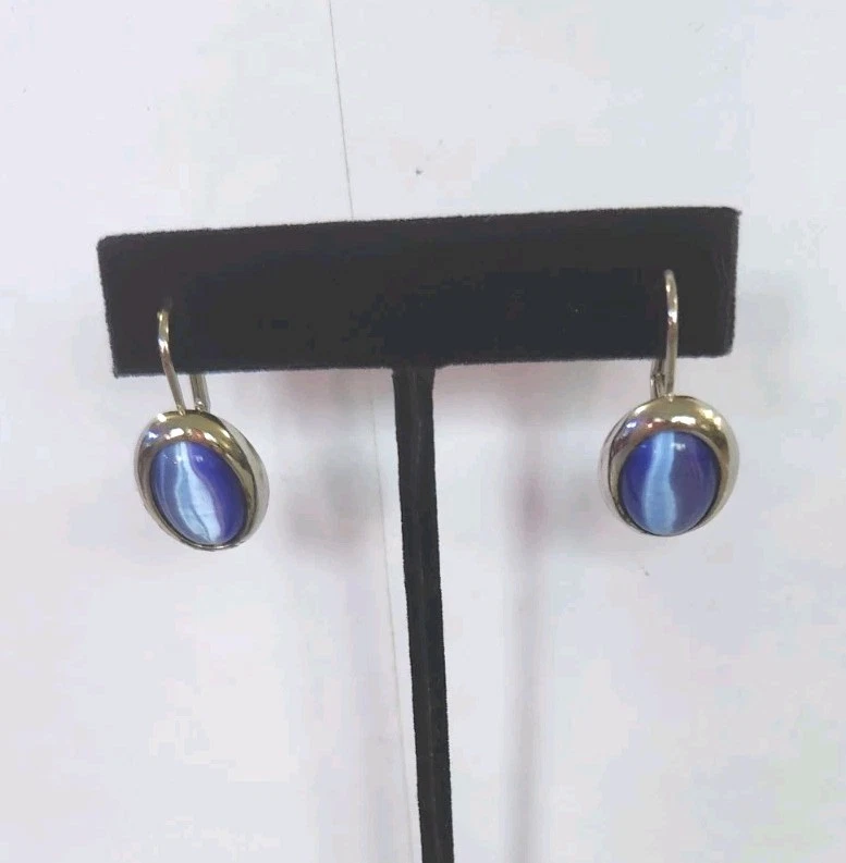 Pendientes Cabachon Redondos Ojo de Gato Azul Piedra Plateada 1.5" Foto 2 de 3
