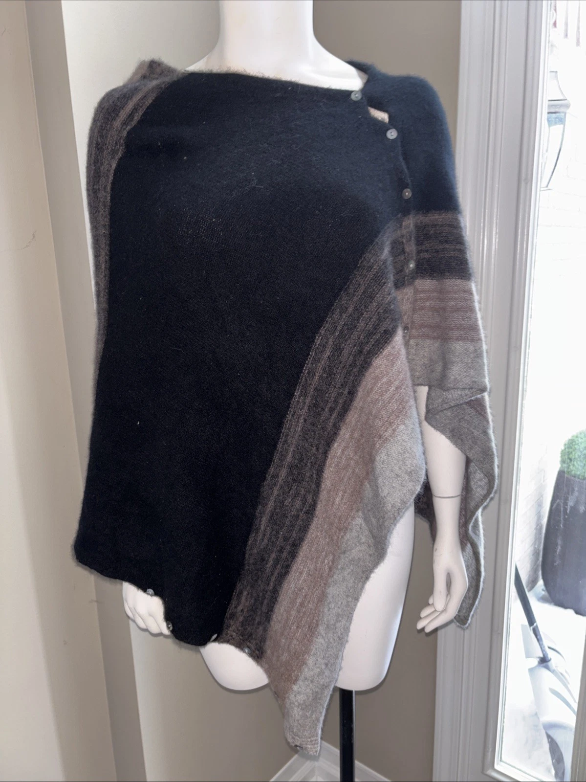 InCashmere Black 100% Cashmere In Sweater Poncho Cape Striped Shale Buttons