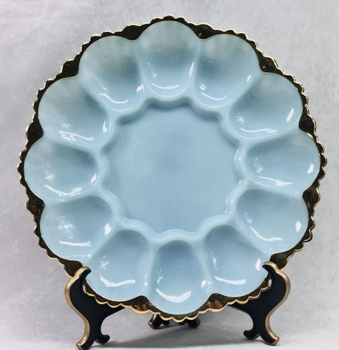 Vintage Anchor Hocking Blue Milk Glass Deviled Egg Plate Gold Trim 9.75”