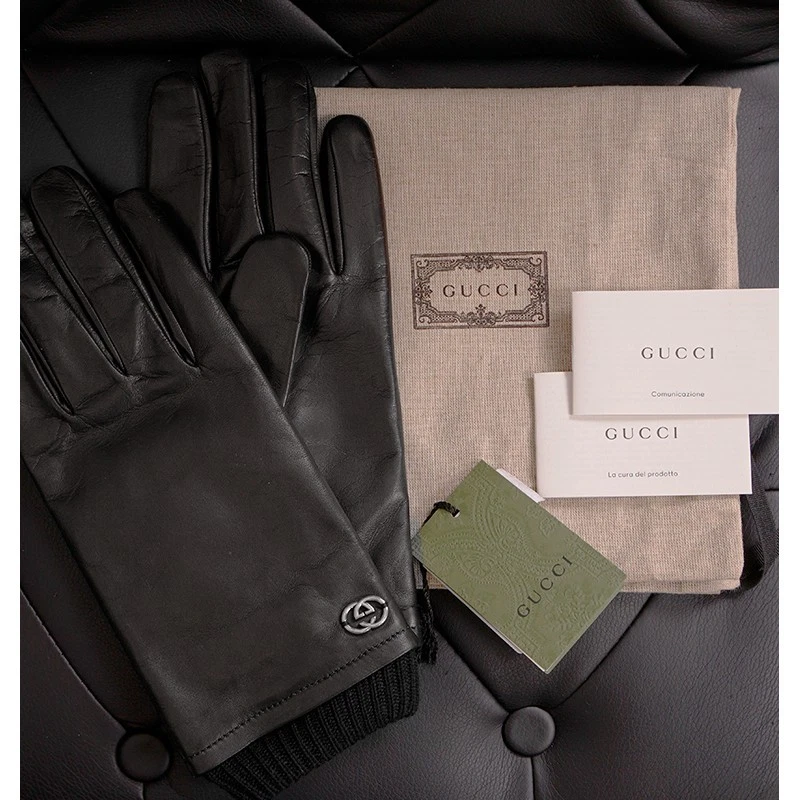 sz 10.5 L NEW $840 GUCCI Men's Black Leather Lambskin Wool Lined GG LOGO GLOVES