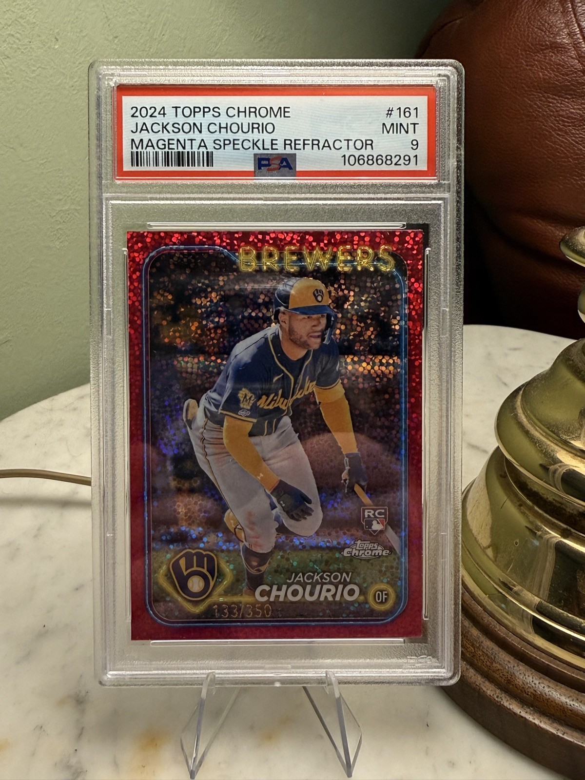 2024 Topps Chrome - Jackson Chourio #161 Magenta Speckle Refractor /350 RC PSA 9