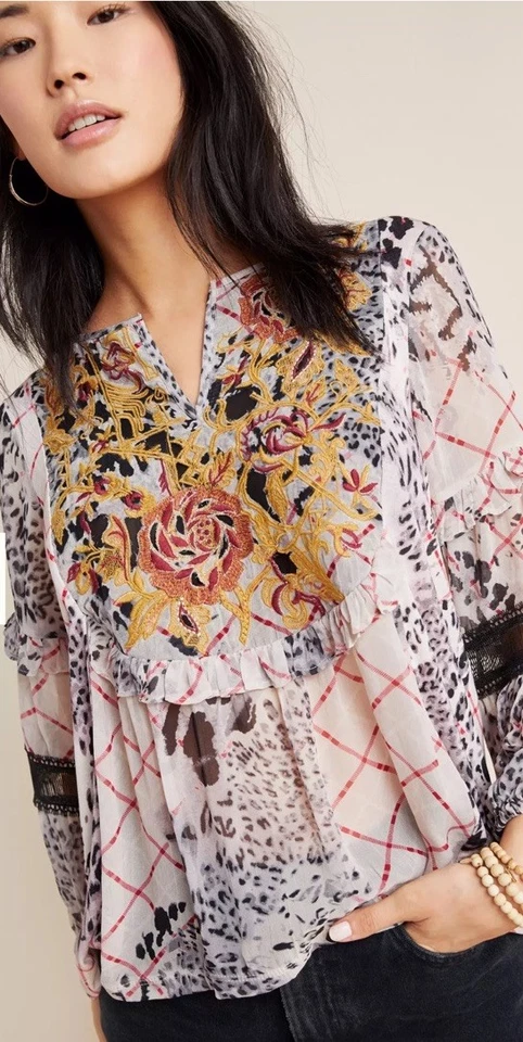 Anthropologie Mathilda Balloon Sleeve Mixed Print Blouse Size Small Floral Boho - Изображение 4 из 4