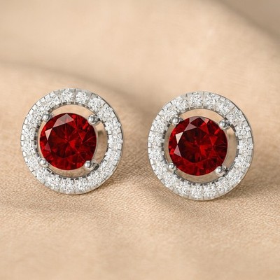 Classic Garnet Diamond Stud Earrings 925 Sterling Silver January Birthstone#1044