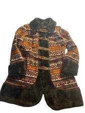 VTG- Brown Faux Fur Trimmed Southwestern Pattern Coat S Union Label penny lane