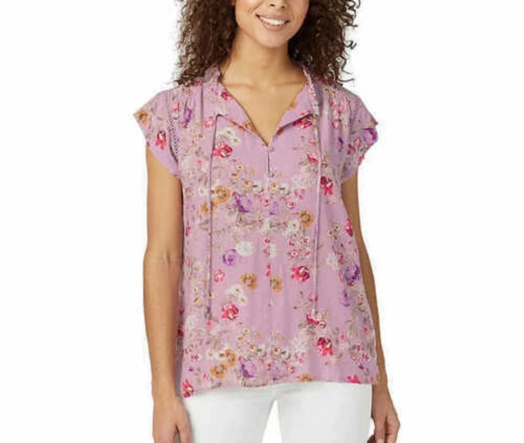 Buffalo David Bitton Womens Lavender Boho Viscose Floral V-Neck Blouse Size S