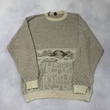 Vintage Abstract Knitted Jumper Patterned Grandad Knit Sweater Men's L