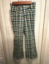 1970 Sears TOUGHSKINS Flare Leg BOYS SLIM Sz 12 Green Plaid Pants 24"-25"Waist