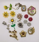 Vintage Flower Brooch Mixed Costume Jewelry Lot Enamel Necklace Earrings