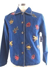 Northcrest Denim Jean Jacket Coat Autumn Leaves Leaf Womens M Medium New
