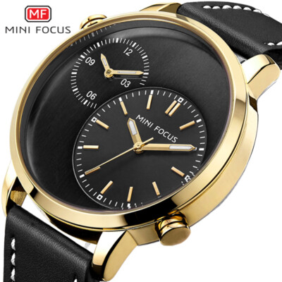 MINI FOCUS Fashion Men Watches Leather Wristwatch Two Dials Sports Quartz Watch