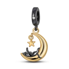 MULA Original Moon Black Cat DIY Charms CZ Fit Lady Bracelets 925 Silver Plated