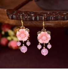 Pink Jade Flower Earrings Luxury Women Natural Jewelry Carved 925 Silver