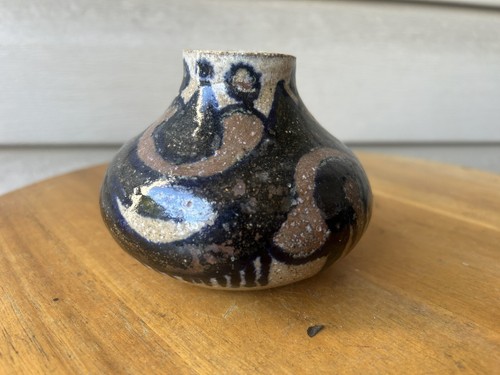 Vintage MCM Black Primitive Tribal Brutalist Stoneware Bud Vase 3.5" MD 75