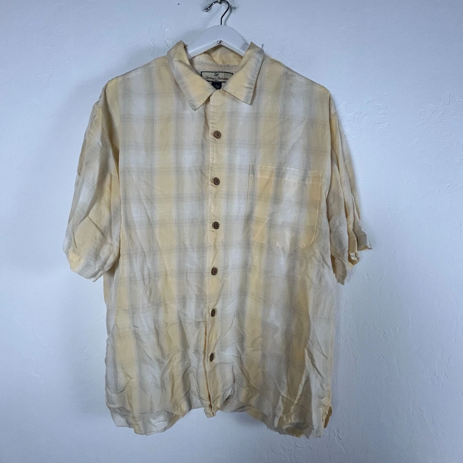 Tommy Bahama Mens Yellow Plaid Button-Up Shirt Large Linen Blend Short Sleeve