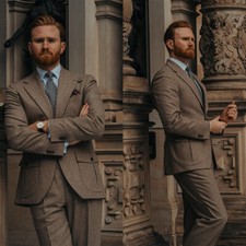 Coffee Men's Tweed Retro Suits 2 Pieces Regular Fit Single Breasted for Wedding