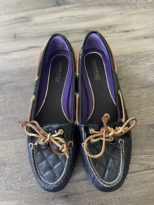 Sperry Women Size Black Leather Quilted Audrey Round Toe Flat Boat  Shoes