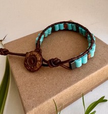 Turquoise and Hematite Beaded Brown Leather Bracelet with wood clasp