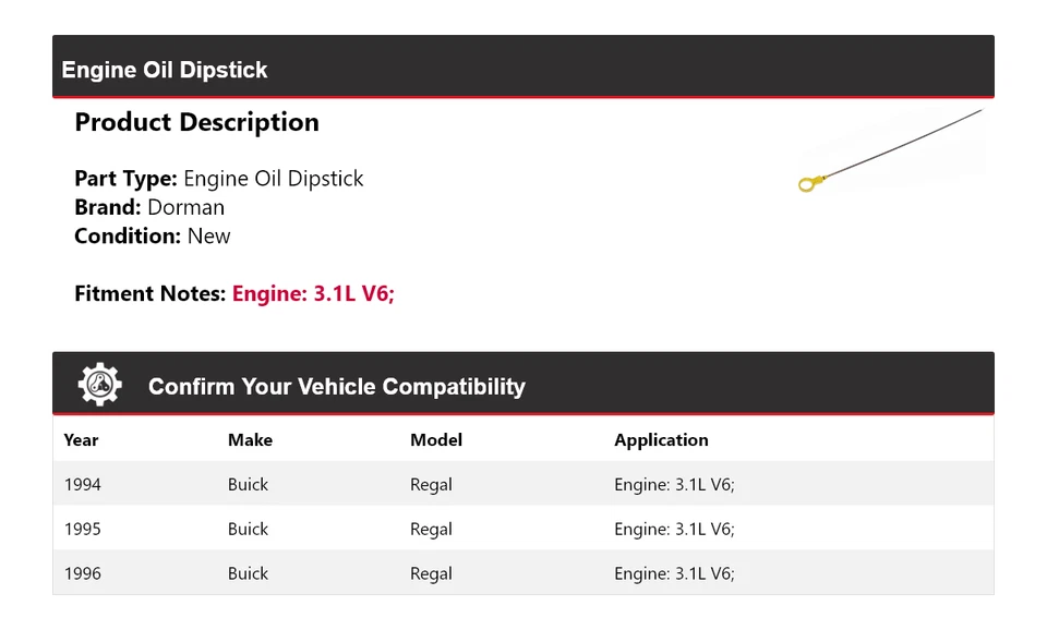 For 1994-1996 Buick Regal 3.1L V6 Dorman Engine Oil Dipstick 1995 - Image 2 of 4