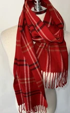 Cejon Red Geometric Plaid Rectangle Scarf Fringe 11.5”x57Made in Italy Soft