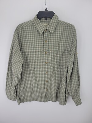 LL Bean Shirt Mens Medium Brown Plaid Tab Sleeve Nylon Performance Outdoor