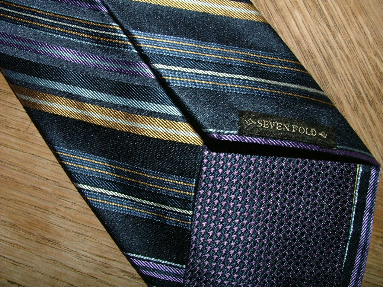 MENS MICHEL SONS SEVEN FOLD TIE 100percent SILK BLUE GOLD PURPLE STRIPED #0540 image 7