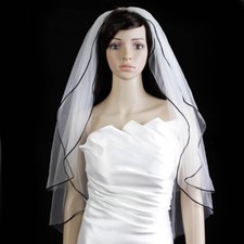 Bridal Veil  Diamond (Off) White 2 Tiers Fingertip Length Black Satin Cord Edge 