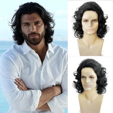Long Hair Wig for Men Men's Black Wig Natural Wavy Curly 70s 80s Rocker Cospl...