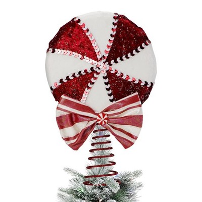 Red White Velvet Peppermint Candy Cane Christmas Tree Topper 7.48x9.05x2.75 In