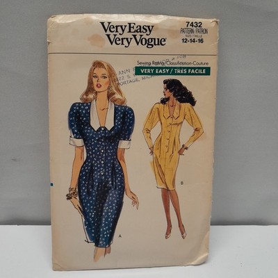 Vogue Sewing Pattern 7432 Work Dress 1980s Vintage Size 12-16 Very Easy Uncut