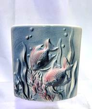 VINTAGE Royal Copley Raised KOI FISH Wall Pocket Blue and Pink Mid-century Mod