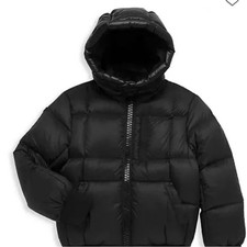 Moose Knuckles black hooded puffer with holog...