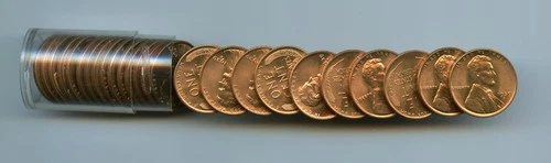 *1939-D 1/2 roll of Lincoln Cents, Choice Uncirculated Full Red in vintage tube*