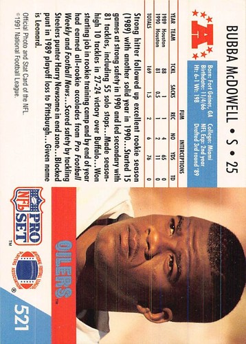 Bubba McDowell 1991 Pro Set 521 Houston Oilers Football Card - Picture 2 of 2