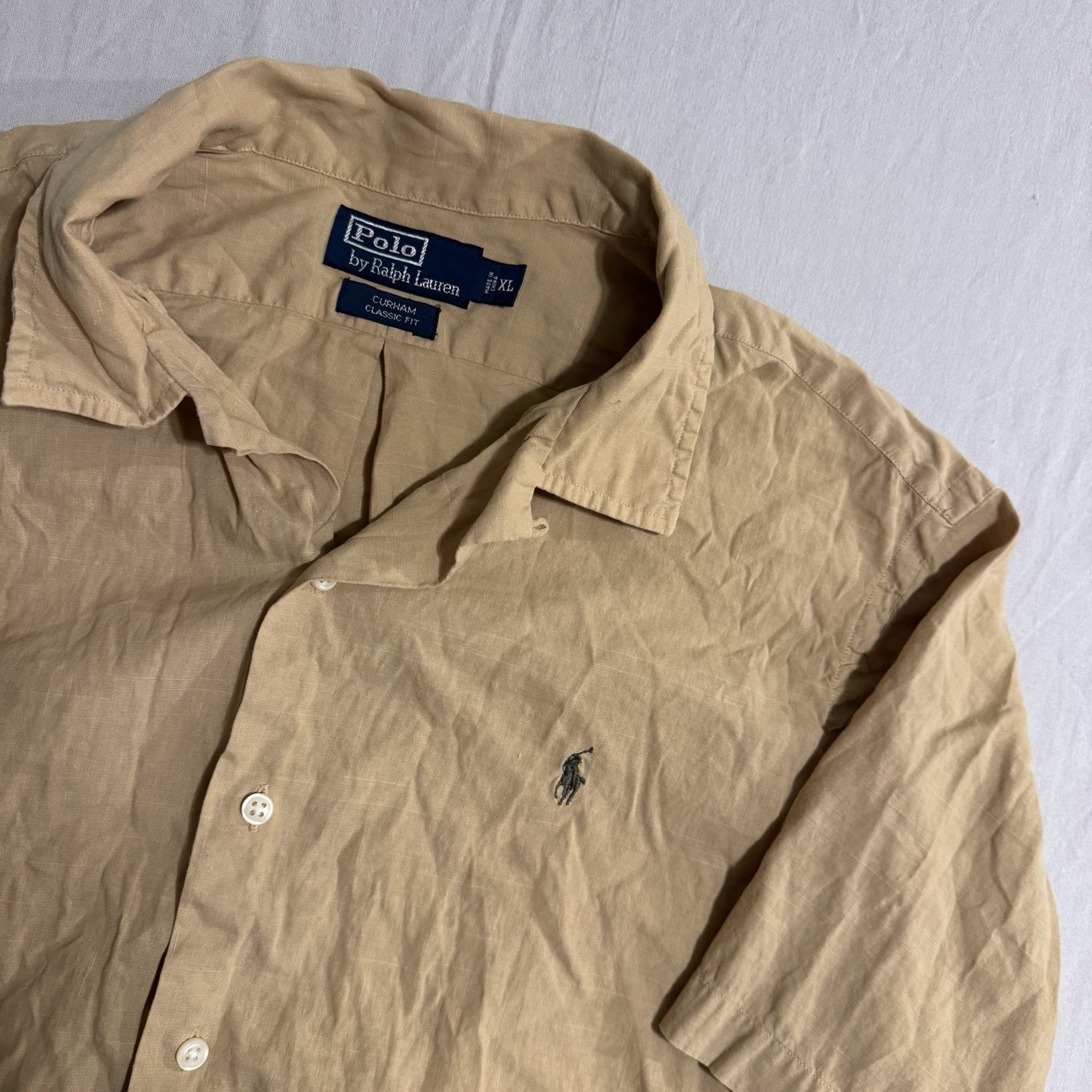 Vintage Polo Ralph Lauren Shirt Mens XL Tan Linen Blend Loop Collar Curham