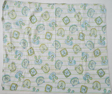 Toddletime Baby Receiving Blanket Vtg White Blue Green Animals Stripes Cat Bunny