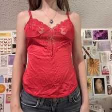 Vintage 80s Coquette Silky Red Lace Cami Tank Top, XS/S