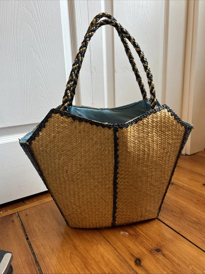 复古 60 年代花卉编织草袋托特包钱包 — 第 4/4 张图片