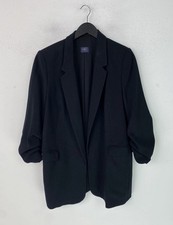 M&S Black Plain Blazer Open Front Ruched 3/4 Sleeve UK 16
