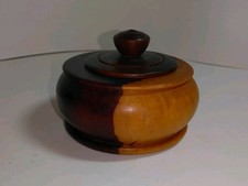 Vintage Hand Turned 2 Tone Wooden Trinket Jewelry Box Bowl with Lid 4x3  