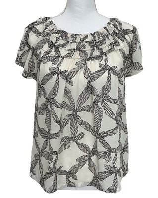 LOFT Womens Black Cream Bow Print Flutter Sleeve Ruffle Neck Blouse Large