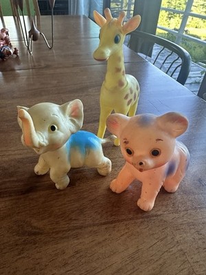 Vintage Rubber Animal Toys Set Elephant, Giraffe, Bear Hing Kong And Japan As Is